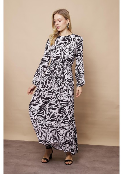 Kadın Desenli Vual Sıfır Yaka Beli Bağcıklı Eteği Fırfırlı Uzun Kol Uzun Elbise -Siyah Krem fırsatları