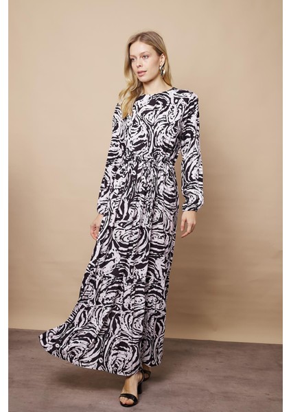 Kadın Desenli Vual Sıfır Yaka Beli Bağcıklı Eteği Fırfırlı Uzun Kol Uzun Elbise -Siyah Krem indirimleri