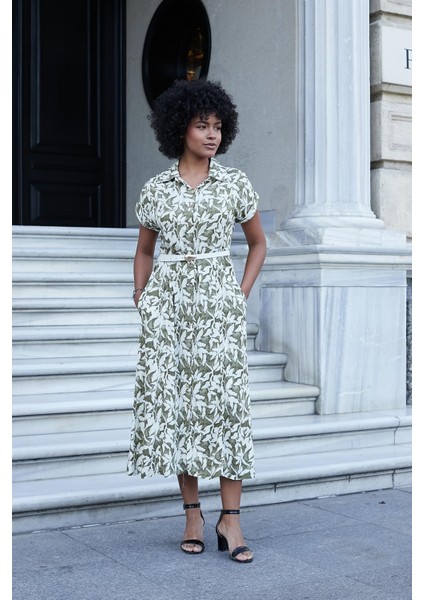 Kadın Desenli Yakalı Düşük Omuzlu Duble Kol Kemerli Midi Boy Elbise(Deri Kemer Dahil)-Haki Çiçek