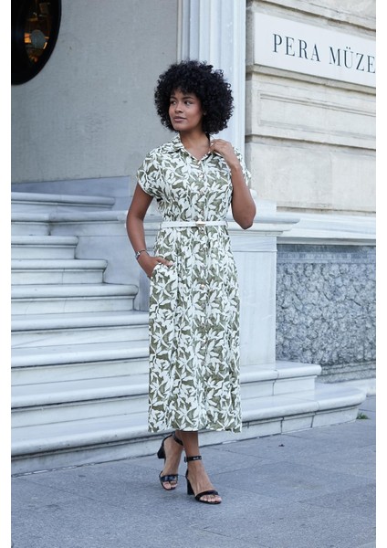 Kadın Desenli Yakalı Düşük Omuzlu Duble Kol Kemerli Midi Boy Elbise(Deri Kemer Dahil)-Haki Çiçek fiyatları