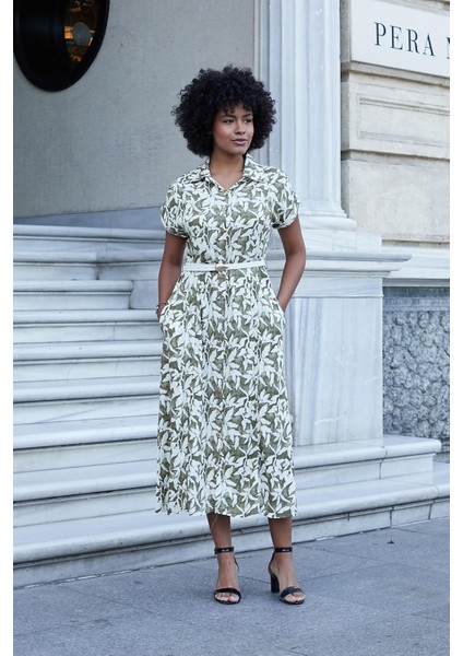 Kadın Desenli Yakalı Düşük Omuzlu Duble Kol Kemerli Midi Boy Elbise(Deri Kemer Dahil)-Haki Çiçek modelleri