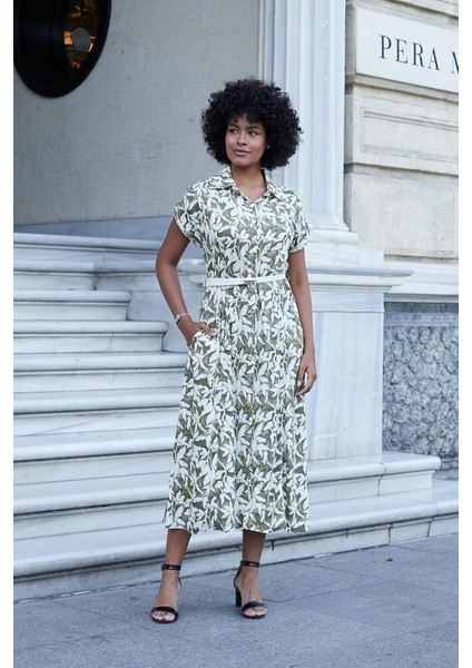 Kadın Desenli Yakalı Düşük Omuzlu Duble Kol Kemerli Midi Boy Elbise(Deri Kemer Dahil)-Haki Çiçek fırsatları