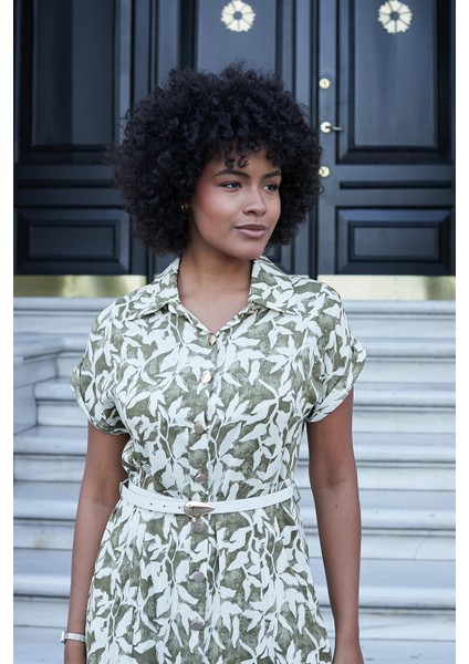 Kadın Desenli Yakalı Düşük Omuzlu Duble Kol Kemerli Midi Boy Elbise(Deri Kemer Dahil)-Haki Çiçek indirimleri