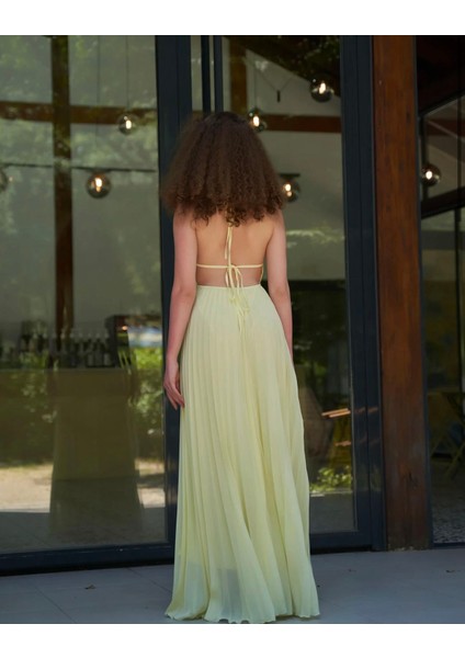 Piliseli Sırt Detaylı Astarlı Sırt Kısmı Lastikli Pileli Sarı Elbise fiyatları