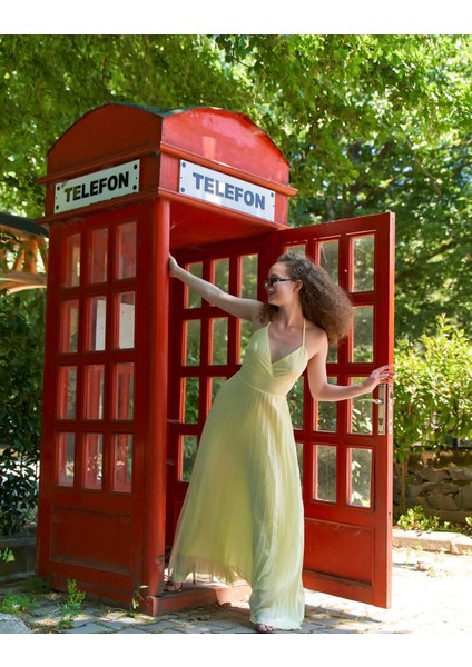 Piliseli Sırt Detaylı Astarlı Sırt Kısmı Lastikli Pileli Sarı Elbise indirimleri