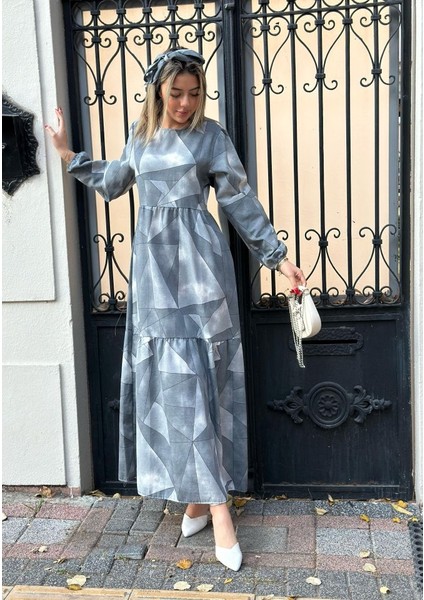 Kadın Uzun Kollu Bisiklet Yaka Geometrik Desen Baskılı Kuşak Dahil Maxi Boy Elbise indirimleri