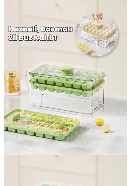 Hazneli, Basmalı ve Kapaklı 2'li Buz Kalıbı - Yeni Nesil Buz Kalıbı - 10X20CM - Geniş Hazneli