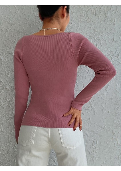Kadın Pembe Dekolteli Kare Yaka Triko Bluz fiyatları