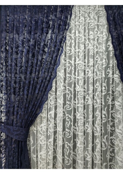 Tül Fon Perde 2 Kanat Tül Fon Perde Bağcıklı Model Sarmaşık Desen Koyu Lacivert modelleri