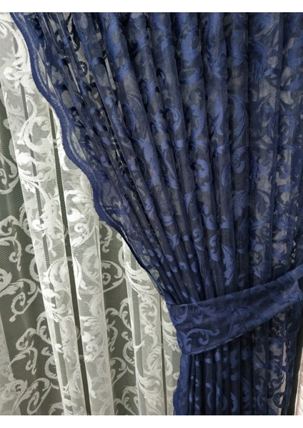 Tül Fon Perde 2 Kanat Tül Fon Perde Bağcıklı Model Sarmaşık Desen Koyu Lacivert fırsatları