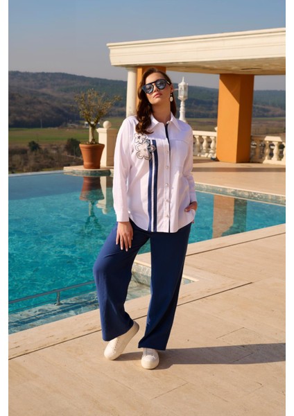 Büyük Beden Göğsü Nakış ve El Işli Gömlek