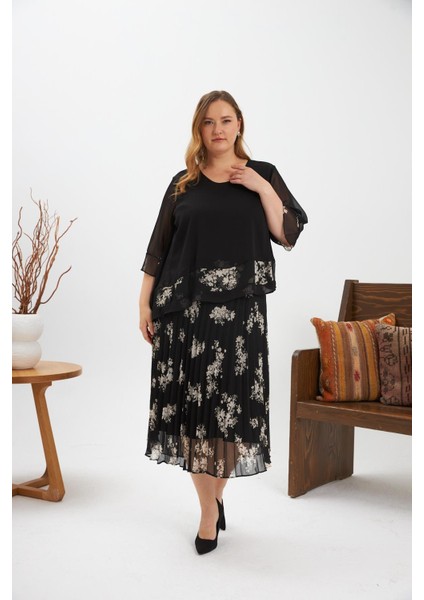 Asimetrik Kesim Pileli Büyük Beden Şifon Elbise Siyah