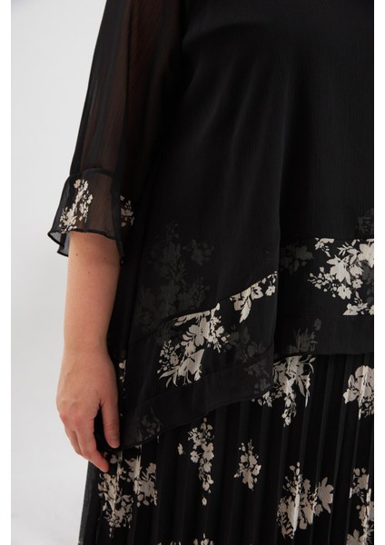 Asimetrik Kesim Pileli Büyük Beden Şifon Elbise Siyah fiyatları