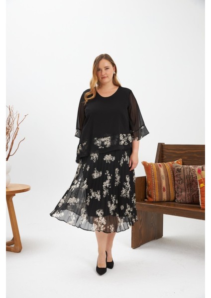 Asimetrik Kesim Pileli Büyük Beden Şifon Elbise Siyah fırsatları