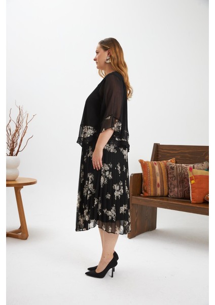 Asimetrik Kesim Pileli Büyük Beden Şifon Elbise Siyah indirimleri