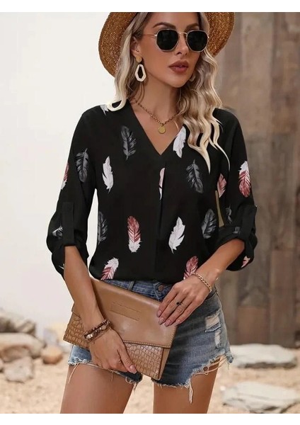 Kadın Yaprak Baskı Ayarlanabilir Truvakar Kol Süper Soft Bluz fırsatları