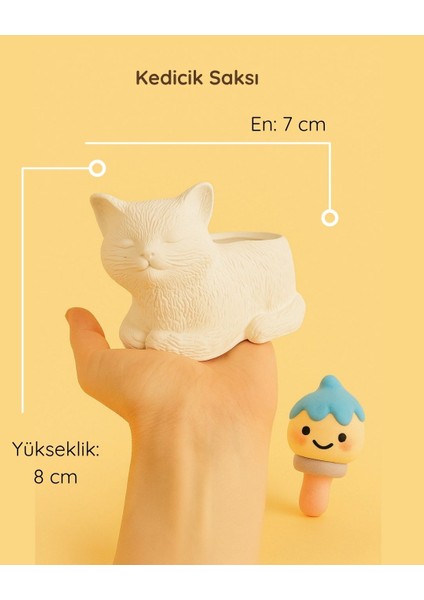 Kedicik Seramik Saksı | Boyanabilir El Yapımı Beton Tozu Obje