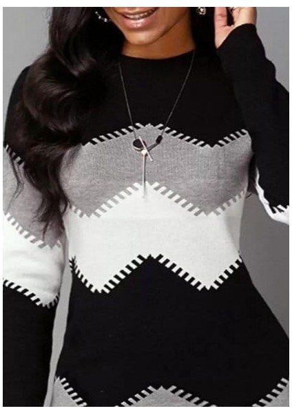 Kadın Uzun Kollu Zigzag Desen Triko Elbise fiyatları