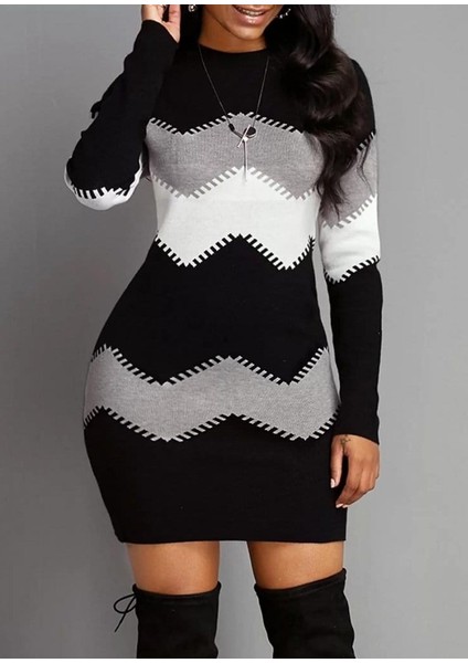 Kadın Uzun Kollu Zigzag Desen Triko Elbise modelleri