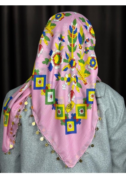 Pullu Tokat Yazması Çengelköy Deseni Eşarp - 100 x 100 cm Çeyizlik Yazma