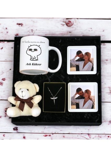 Kişiye Özel Ee Kanka Sonra Nolmuş Tasarımlı Beyaz Kupa Bardak Ayıcık Anahtarlı Çerçeve ve Melek Kolye Seti
