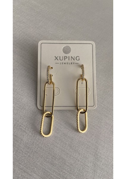 Küpe Xupıng Kalite Şık Birbirine Geçme Halkalardan Oluşan Taşlı Şık Trend Küpe 14 K Renk