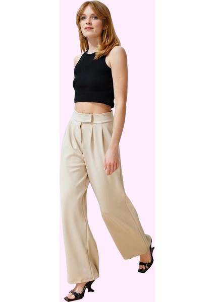 Kadın Yüksek Bel Geniş Paça Pileli Pantolon Günlük Şıklık Hafta Sonu Yaz Aylarının Vazgeçilmezi
