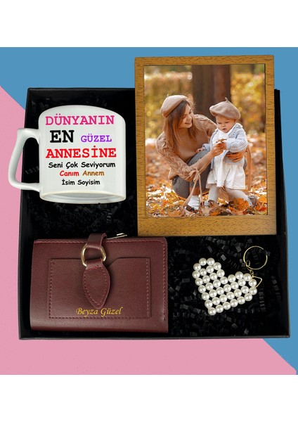 Anneler Gününe Özel Fotoğraflı Ahşap Masaüstü Çerçeve Çay ve Nescafe Fincanı Bayan Cüzdan Inci Anahtarlık