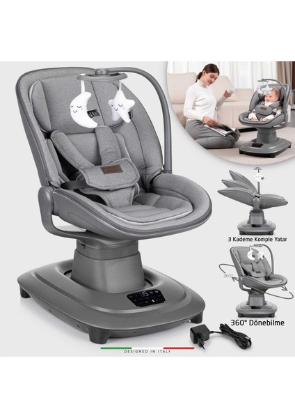Materno Premium Elektrikli Otomatik Sallanan Ana Kucağı Kademeli Gri