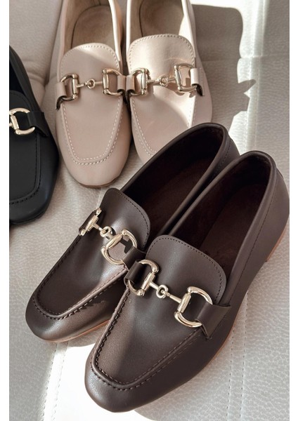 Lofin Mat Deri Toka Detaylı Kadın Loafer Acıkahve modelleri