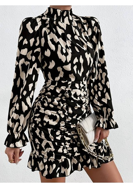 Kadın Uzun Kollu Balıkçı Yaka Yanlardan Büzgü Detaylı Kısa Dalgıç Elbise fiyatları