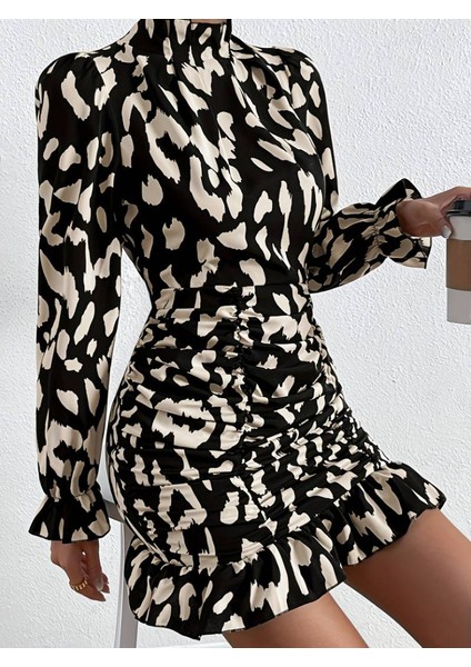 Kadın Uzun Kollu Balıkçı Yaka Yanlardan Büzgü Detaylı Kısa Dalgıç Elbise indirimleri