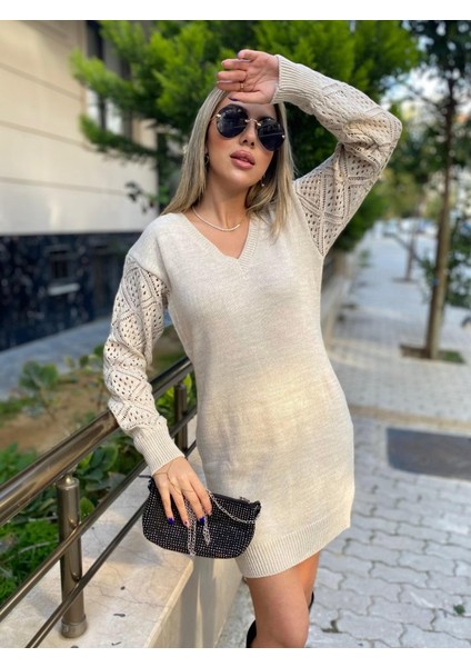 Kadın Uzun Kollu V Yakalı Mini Triko Elbise fiyatları