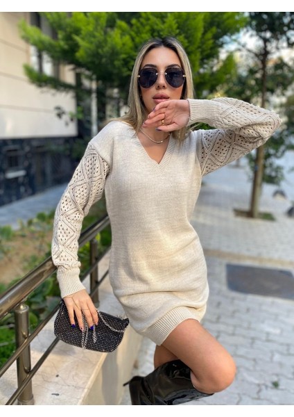 Kadın Uzun Kollu V Yakalı Mini Triko Elbise modelleri