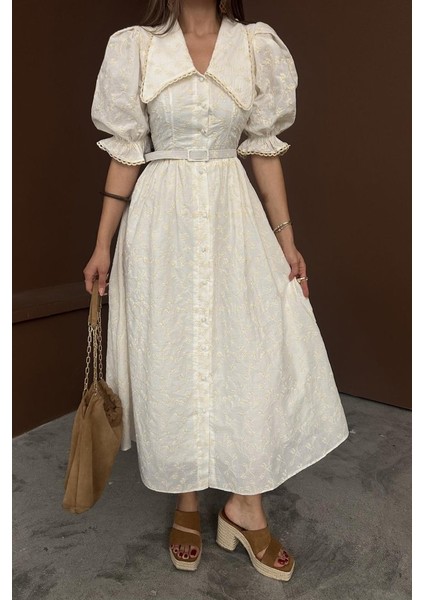 Bej Bebe Yaka Balon Kollu Brode Elbise modelleri