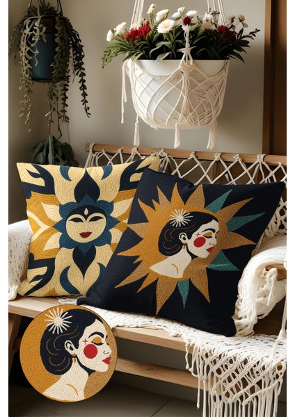 2’li Nakış Desenli, Çift Taraflı Baskı, Dekoratif Kırlent Kılıfı Seti – Bohem Stil, Fermuarlı