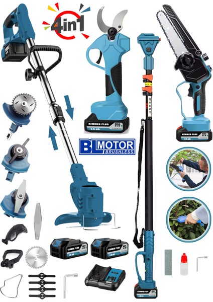 4 Lü Bahçe Set Kimmer Seri Akülü Tırpan + Bağ Makası + Yağ Pompalı Testere + Telaskopik Uzatma