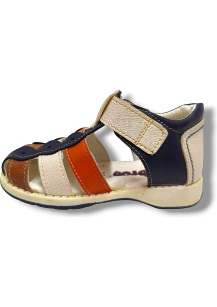 3008-20 Anatomik Önü Kapali 3 Şeritli Erkek Çocuk Sandalet Lacivert Beyaz 21-25 modelleri