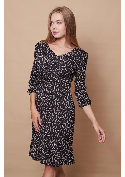 Kadın Hafif Likralı Yumuşak Dokulu Kumaş V Yaka Önü Düğümlü Eteği Volanlı Uzun Kol Diz Boy Elbise-Siyah Bej Konfeti fiyatları