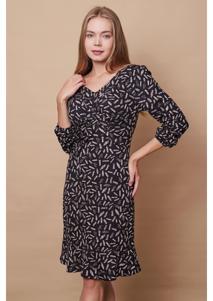 Kadın Hafif Likralı Yumuşak Dokulu Kumaş V Yaka Önü Düğümlü Eteği Volanlı Uzun Kol Diz Boy Elbise-Siyah Bej Konfeti modelleri