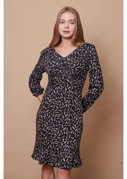 Kadın Hafif Likralı Yumuşak Dokulu Kumaş V Yaka Önü Düğümlü Eteği Volanlı Uzun Kol Diz Boy Elbise-Siyah Bej Konfeti fırsatları