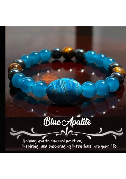El Yapımı Mavi Apatit ve Kaplan Gözü Boncuklu Bohem Tarzı Meditasyon Bileziği