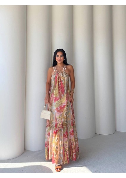 Zr Model Pembe Yakası Toka Detaylı Astarlı Şifon Elbiseı