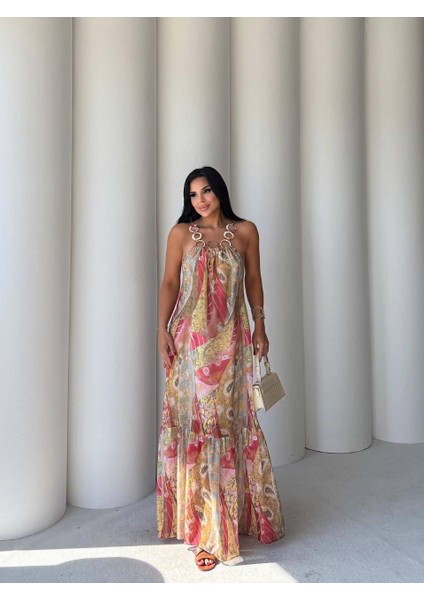 Zr Model Pembe Yakası Toka Detaylı Astarlı Şifon Elbiseı fiyatları