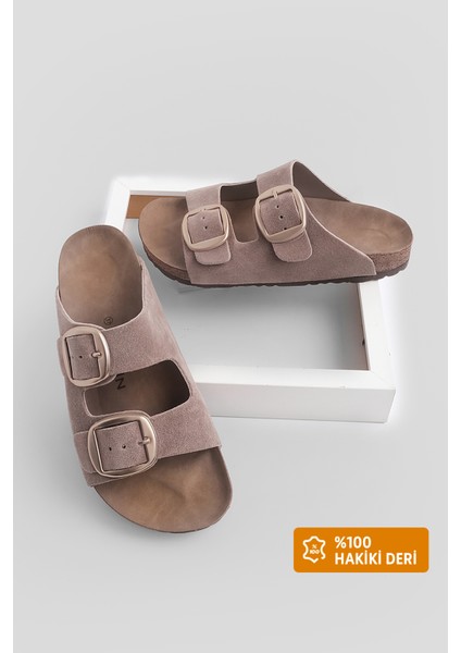 Kadın Hakiki Deri Günlük Terlik Çift Bantlı Terlik Eva Taban Poli Vizon