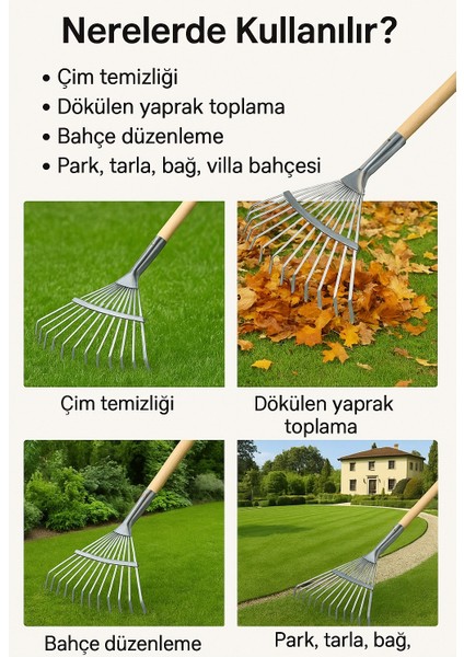 Tırmık Ahşap Saplı, Ayarlı Metal Çim ve Yaprak Toplama Tırmığı Eldiven Hediye !!