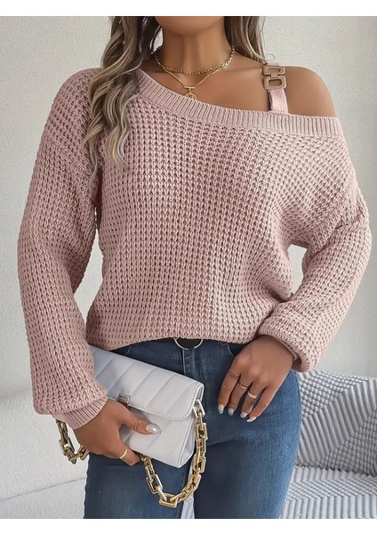 Kadın Uzun Kollu Tek Omuzu Açık Tokalı Triko Bluz
