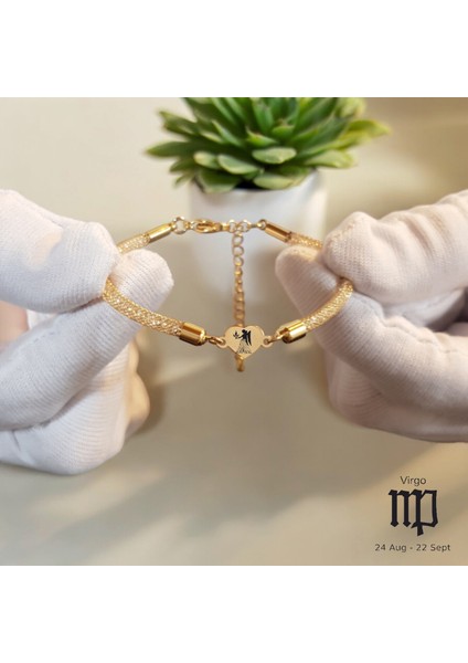 Altın Plakalı 14 Ayar Başak Burçlarına Özel Hasır Kordonlu Kalp Motifli Hediye BILEKLIK-474BURÇ