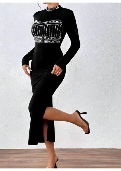 Kadın Yarım Balıkçı Yaka Taş Işemeli Bacak Dekolteli Maxi Boy Elbise modelleri