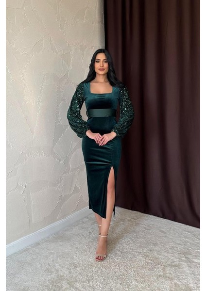 Zümrüt Pul Payetli Kadife Elbise fiyatları